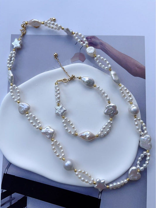 #PN190 [Sale]Star & Heart| Freshwater Pearl Necklace & Bracelet Set |Baroque Pearl |Baby Pearl |Double Layered