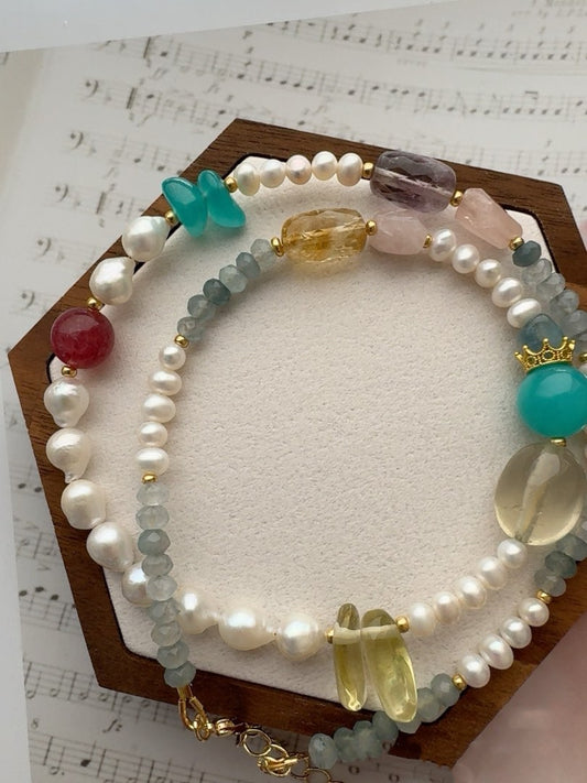 #PN413 Grey Sky|Freshwater Pearl Necklace |Small Waterdrop Pearl|Rose Quartz | Amazonite |Citrine |Grey-blue Aquamarine