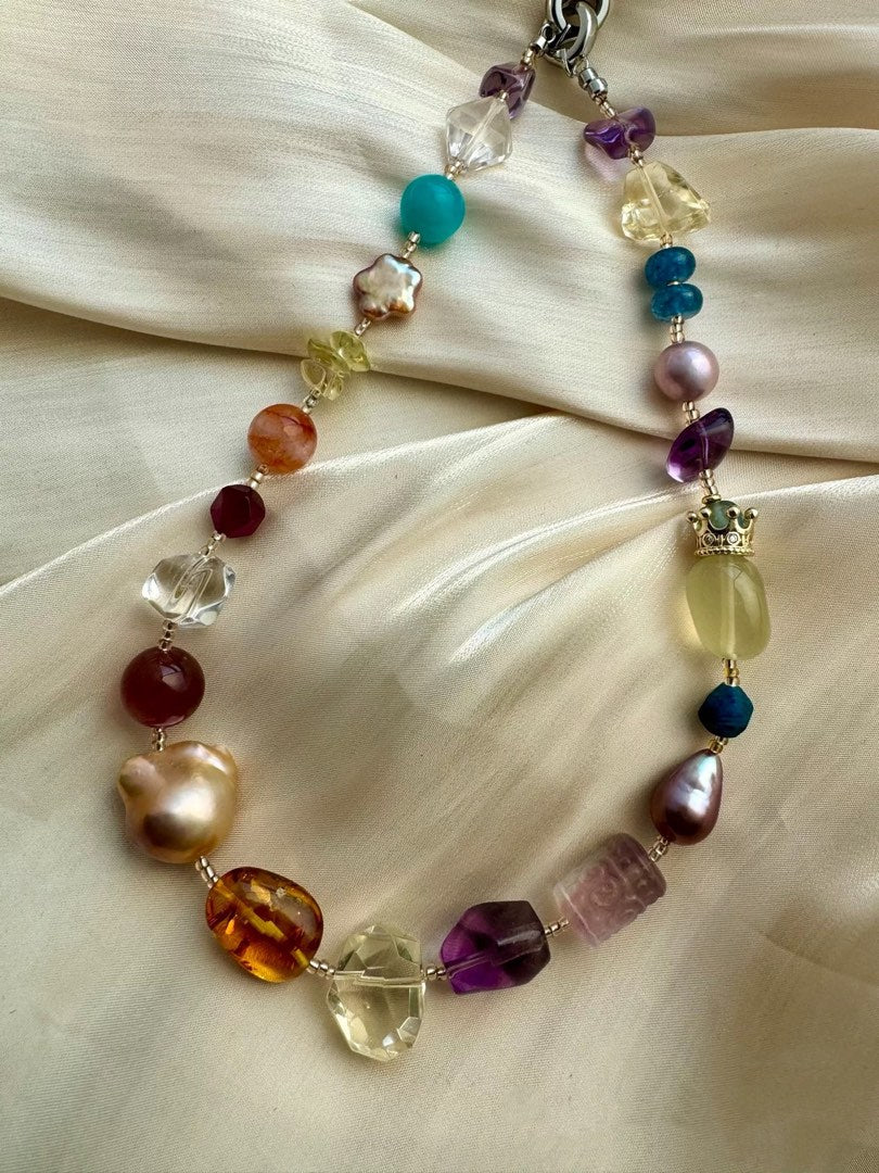 #PN300 Multi-Gems| Freshwater Pearl Necklace | Big Baroque Pearl | Amber Freeform | Fluorite Barrel | Amethyst, Citrine Freeform | Clear Quartz | Fire Quartz
