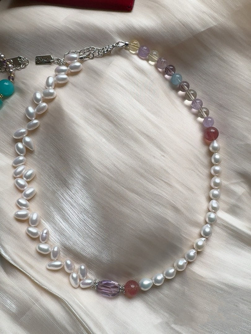 #PN425 Fresh Breeze|Freshwater Pearl Necklace |Wheat Ear Design|Baroque Pearl |Purple Quartz |Strawberry Quartz