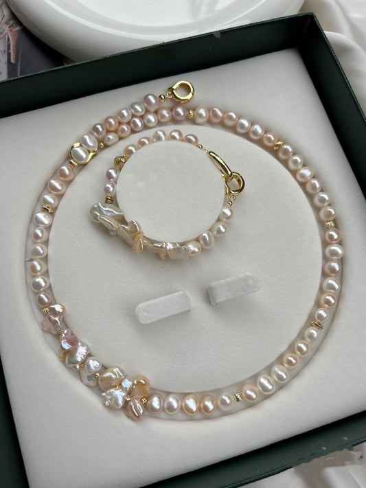 #PN186 [Floral Series] Morandi Colour High Quality Freshwater Baroque Pearl Petal Necklace & Bracelet Set|Genuine Conjoined Pearls