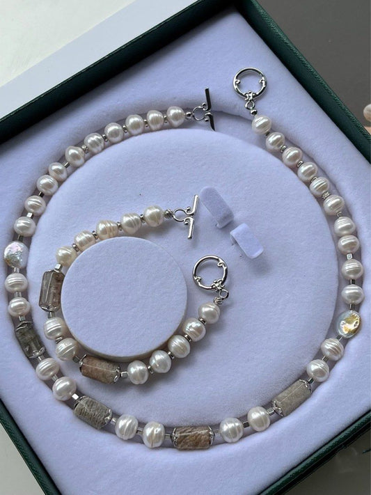 #PN234 Unisex| Freshwater Pearl Necklace & Bracelet Set |UFO Shaped Pearl |Grey Agate|Natural Growth Lines