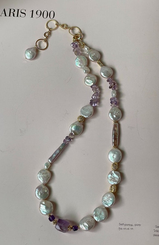 #PN352 Coin Clarity |Freshwater Pearl Necklace | Coin Pearl |Amethyst Chip, Cube|Stick Shaped Pearl|Lustrous