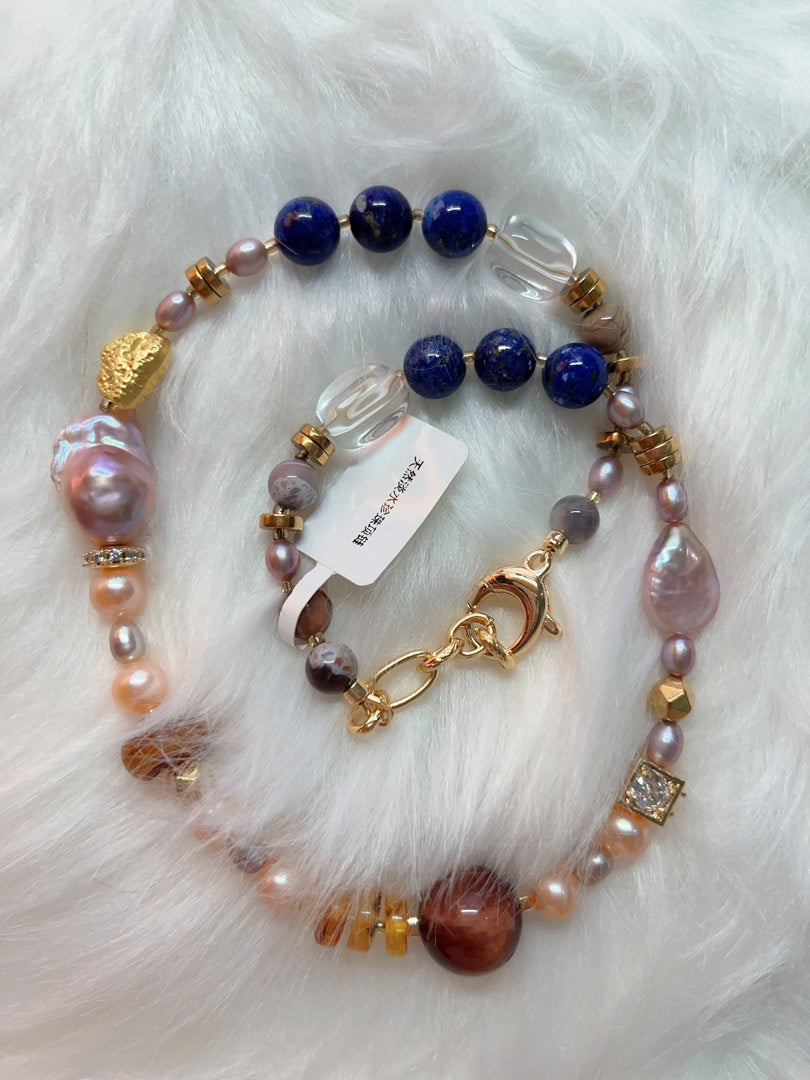 #PN332 Natural Weight | Freshwater Pearl Necklace | Lapis Lazuli | Big Purple Baroque Pearl | Beeswax Abacus| Clear Quartz Cube| Oval Pearl