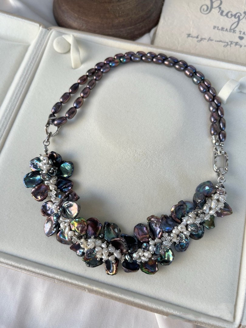 #PN362 [Floral Series] Night Queen|Freshwater Pearl Necklace |Heavy Made|Colorful Black|Deep Metallic Pearl |Lustrous Petal |White Baby Pearl |Rice Pearl |Multi Wear|Gothic Style