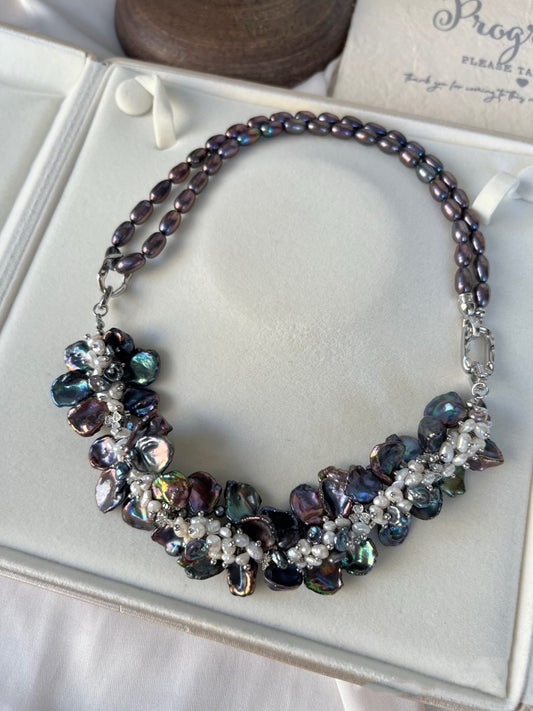 #PN362 [Floral Series] Night Queen|Freshwater Pearl Necklace |Heavy Made|Colorful Black|Deep Metallic Pearl |Lustrous Petal |White Baby Pearl |Rice Pearl |Multi Wear|Gothic Style