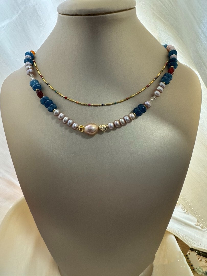 #PN306 [New Arrival Offer] Timeless Treasures |Freshwater Pearl Necklace |Aquamarine|Bun Shaped Baroque Pearl |Garnet