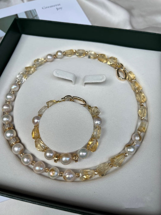 #PN187 Gilt Freshwater Baroque Pearl & Yellow Quartz Necklace & Bracelet Set |Wrinkled Baroque Pearl