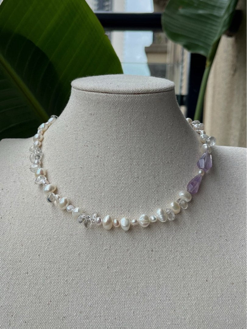 #PN401 Clear Purple |Freshwater Pearl Necklace |Baroque Pearl | Amethyst Pointer |Clear Quartz