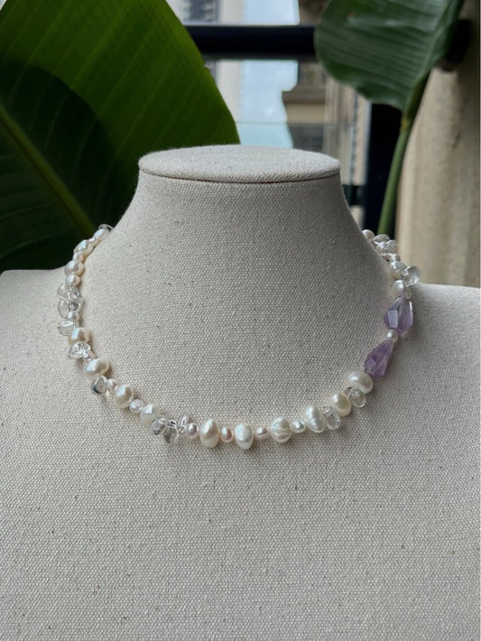 #PN401 Clear Purple |Freshwater Pearl Necklace |Baroque Pearl | Amethyst Pointer |Clear Quartz