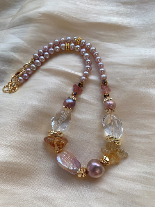 #PN396 [Sale]Freshwater Baroque Pearl Necklace |Bold Design|Big White Quartz |Big Edison Pearl |Strawberry & Yellow Quartz |Purple