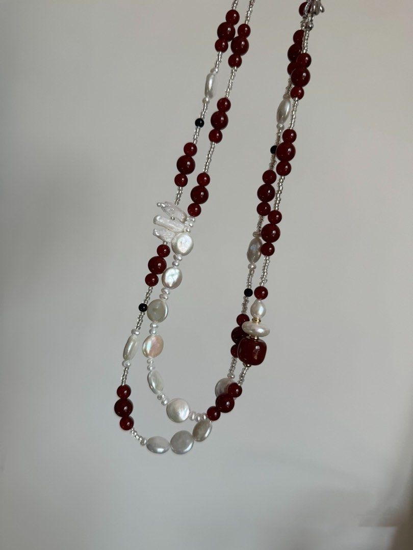 #PN247 Dark Moon|Freshwater Pearl Necklace |Double-layered|Garnet|Perfect Coin Pearls|Lustrous|Cool Silver