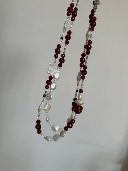 #PN247 Dark Moon|Freshwater Pearl Necklace |Double-layered|Garnet|Perfect Coin Pearls|Lustrous|Cool Silver