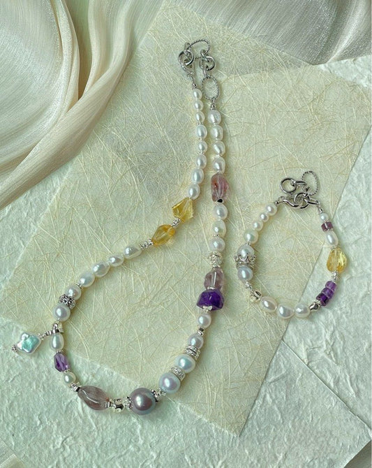 #PN61 Bespoke Beauty|Freshwater Pearl Necklace & Bracelet Set |13.2mm Big Edison Pearl|”stone” Baroque |Citrine Freeform|Amethyst Freeform|Removable Pendant