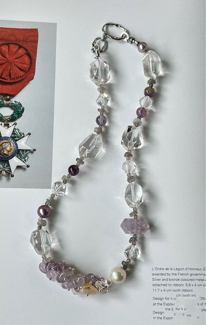 #PN351 [Floral Series] Jewels of the Earth|Freshwater Pearl Necklace |High Quality Big Clear Quartz Freeform |Edison Pearl |Ametrine Petals|Purple Phantom