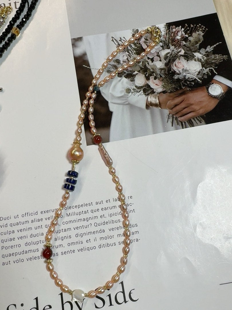 #PN428 Effortless Beauty |Freshwater Pearl Necklace |Baby Baroque Pearl |Champagne Pink|Lustrous Wrinkled Baroque Pearl |Lapis Lazuli|Cute Cat Head Mother of Pearl