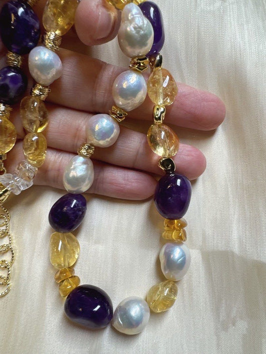 #PN12 Gorgeous Purple |Freshwater Pearl Necklace|Big Yellow Quartz |Big Purple Quartz |Deep Purple |Beeswax|Big Baroque Pearl |Irregular|Strong Presence