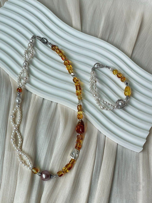 #PN354 Woven Golden |Freshwater Pearl Necklace & Bracelet Set |Edison Pearl |Beeswax Freeform, Cubes|Double-layer