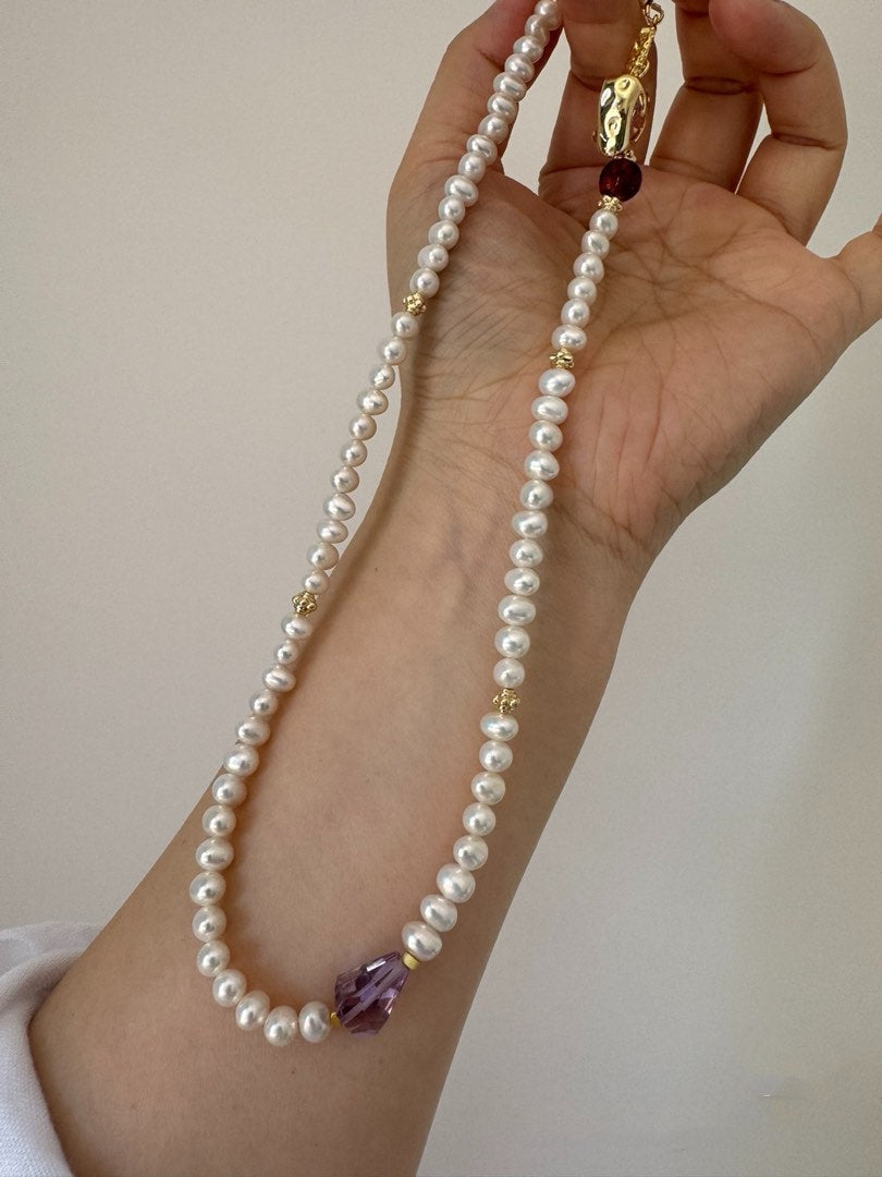 #PN440 Pink Heart|Freshwater Pearl Necklace |Amber|Clear Amethyst | Multi Wear|Lustrous