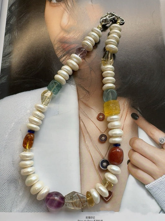 #PN412 Exotic Princess | Freshwater Pearl Necklace | Fluorite|Yellow Quartz | Big Coin Pearl| Purple Quartz | Nanhong Agate|Black Golden Super Seven Quartz |Beeswax