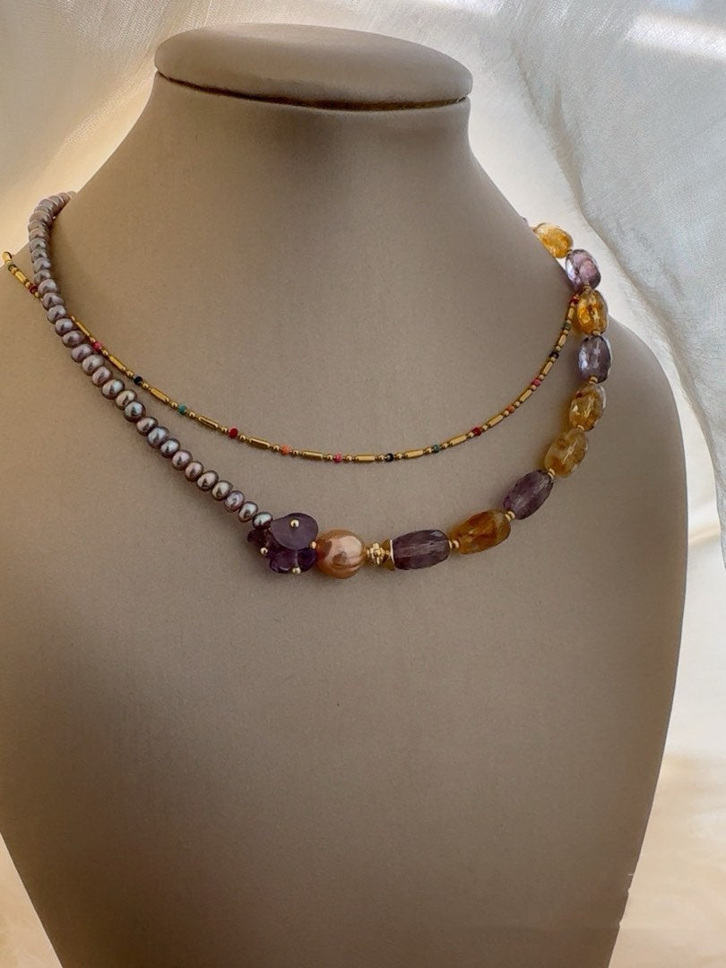#PN441 [Floral Series] Purple Heart|Freshwater Pearl Necklace |Purple & Yellow Quartz |Baby Baroque Pearl |Lustrous