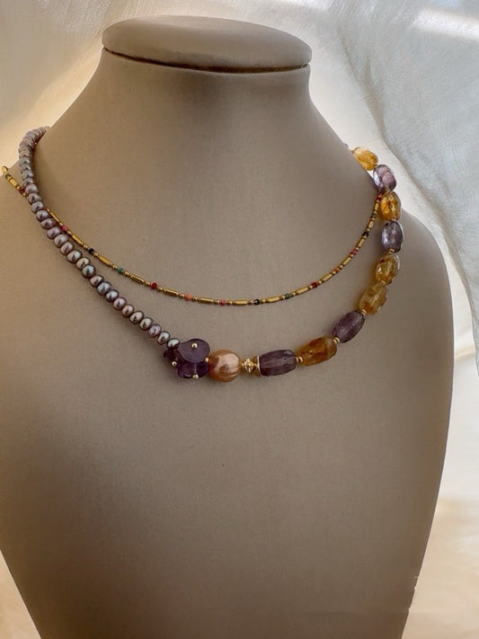 #PN441 [Floral Series] Purple Heart|Freshwater Pearl Necklace |Purple & Yellow Quartz |Baby Baroque Pearl |Lustrous