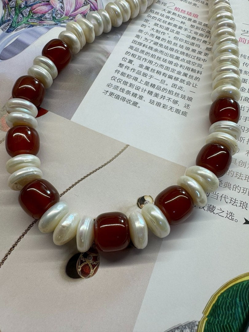 #PN420 Red Queen |Freshwater Pearl Necklace |Layered Coin Pearl |Natural Flaws |Red Agate
