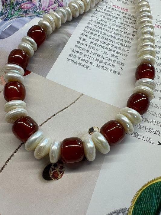 #PN420 Red Queen |Freshwater Pearl Necklace |Layered Coin Pearl |Natural Flaws |Red Agate
