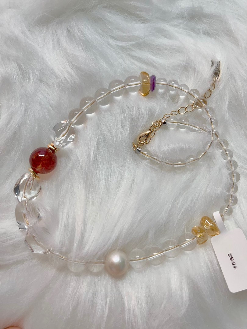#PN281 Pearl Innocence | Freshwater Pearl Necklace | Clear Quartz Freeform, Round Beads| Big Baroque Pearl |Lustrous| Strawberry Quartz
