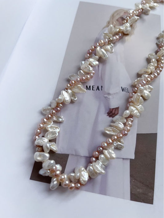 #PN178 [Sale][Floral Series] Original Design Handmade Two-layered Twined Freshwater Pearl Necklace |Floral Pearl |Baby Purple Baroque Pearl