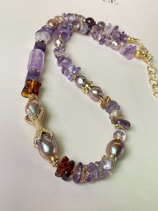 #PN304 Pearl & Stone Serenity | Freshwater Pearl Necklace | Amethyst Stack, Barrel | Amber Stack | Edison Pearl
