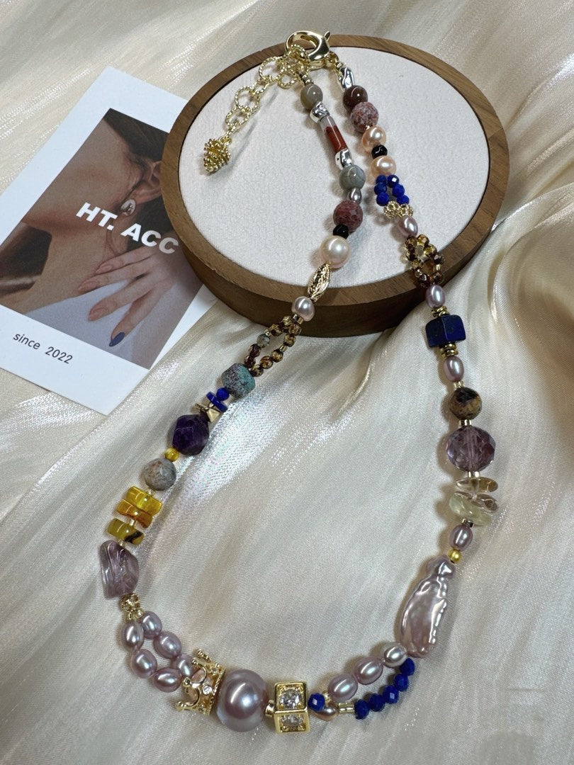 #PN432 Blue Fantasy |Freshwater Pearl Necklace |Lapis Lazuli|Purple Edison Pearl|Pearl Quartz |Beeswax