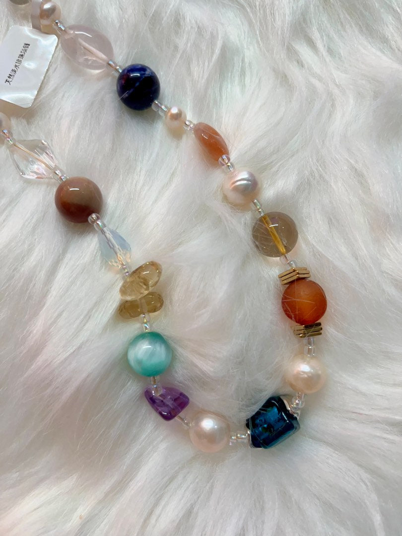 #PN310 Gem Hall| Freshwater Pearl Necklace | Opal Faceted | Clear Quartz | Amethyst Freeform | Oval Rose Quartz | Citrine Chip| Baroque Pearl