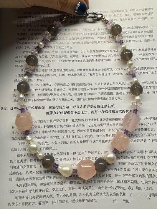 #PN414 Tender Summer|Freshwater Pearl Necklace |Gray Agate|Edison Pearl|Big Rose Quartz