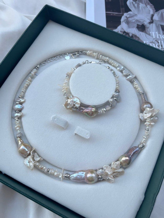 #PN32 [Floral Series]Layered Petals Avocado Freshwater Water-drop Baroque Pearl Necklace & Bracelet