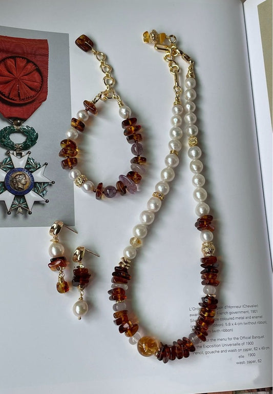 #PN355 Luxe Layers|Freshwater Pearl Necklace & Bracelet & Earrings Set |Baroque Pearl |Amber Chip|Amethyst|Big Citrine