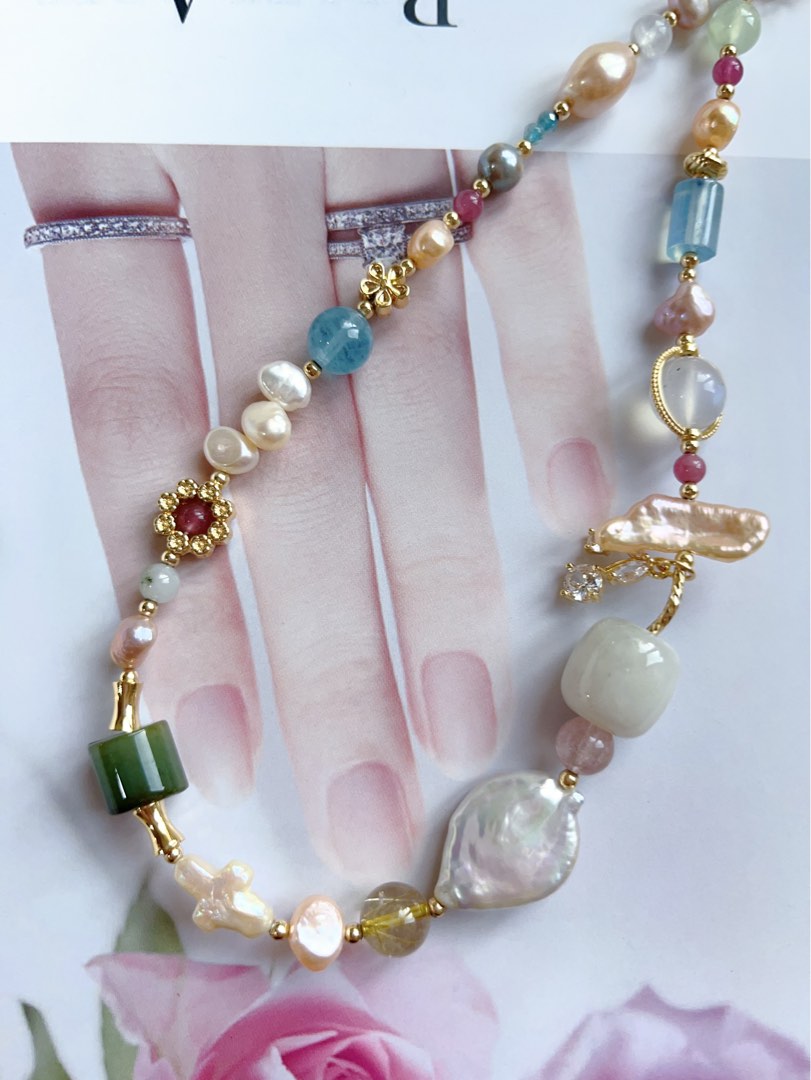 #PN403 “Rose Garden” Natural Freshwater Pearl Necklace |Natural Stones|Moonstone|Jade|Aquamarine|Tourmaline|Agate|Baroque Pearl |Mixed Shape