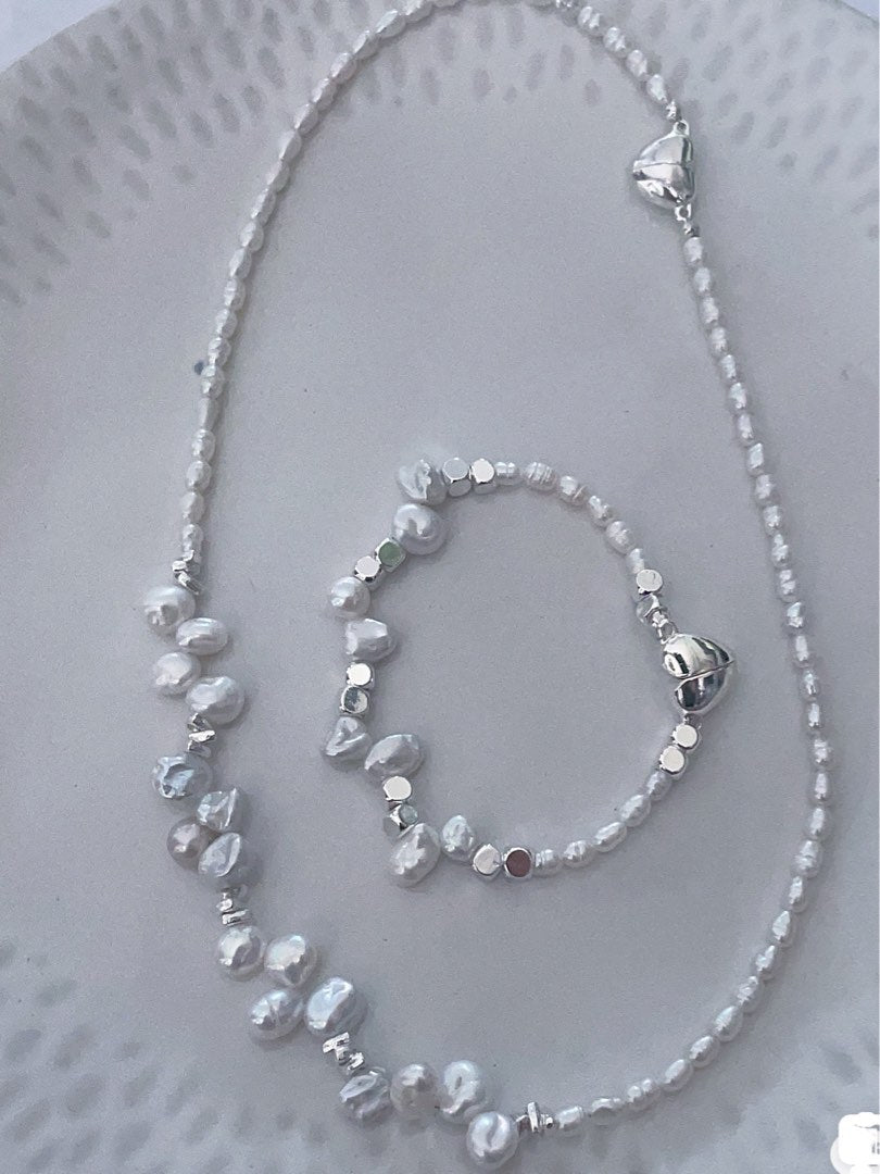 #PN188 [Clearance Sale] Freshwater Pearl Necklace & Bracelet Set |Silver|Heart Shaped Clasp|Baby Pearl|Can Connect into One Long Necklace