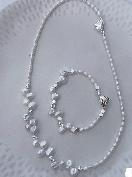 #PN188 [Clearance Sale] Freshwater Pearl Necklace & Bracelet Set |Silver|Heart Shaped Clasp|Baby Pearl|Can Connect into One Long Necklace