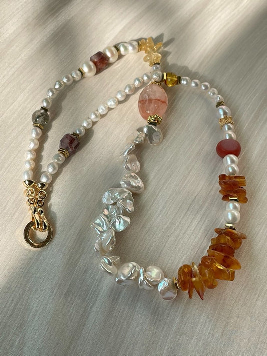 #PN303 Nature’s Elegance |Freshwater Pearl Necklace |Beeswax Petal|Big Fire Quartz Barrel |Petal Baroque Pearl |Green Phantom | Citrine Debris