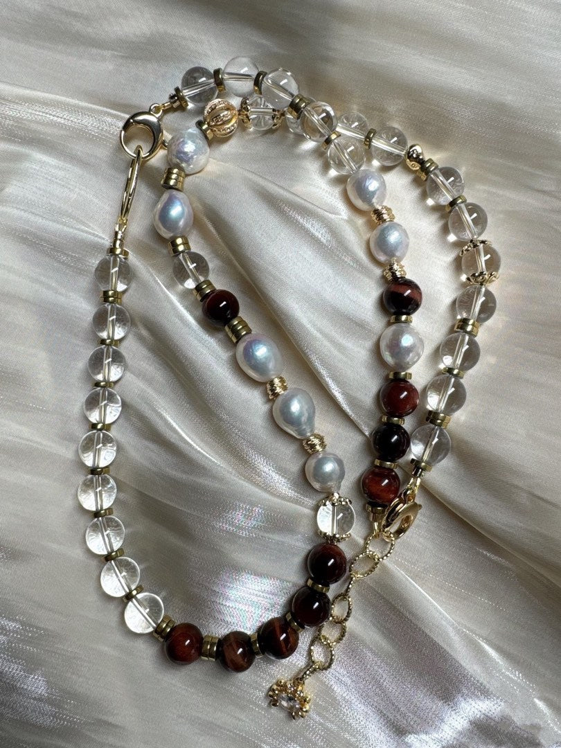 #PN189 [Sale]Pure Red|Freshwater Pearl Necklace & Bracelet Set |High Quality White Quartz |Red Tiger Eye|Big Baroque Pearl |Connect to Longer Necklace