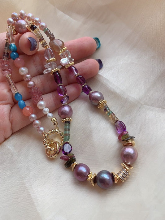 #PN389 [Sale]Freshwater Baroque Pearl & Natural Quartz Necklace |Big Edison Pearl |Crimson Agate|White & Strawberry & Purple Quartz |Amazonite|Fluorite
