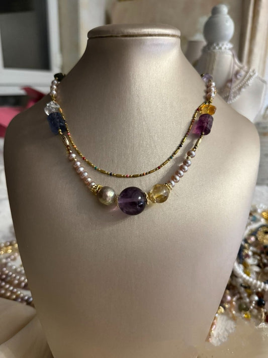 #PN437 Purple Dream|Freshwater Pearl Necklace |Fluorite|Purple Quartz |Wrinkled Baroque Pearl |Natural Flaws|Yellow, White Quartz