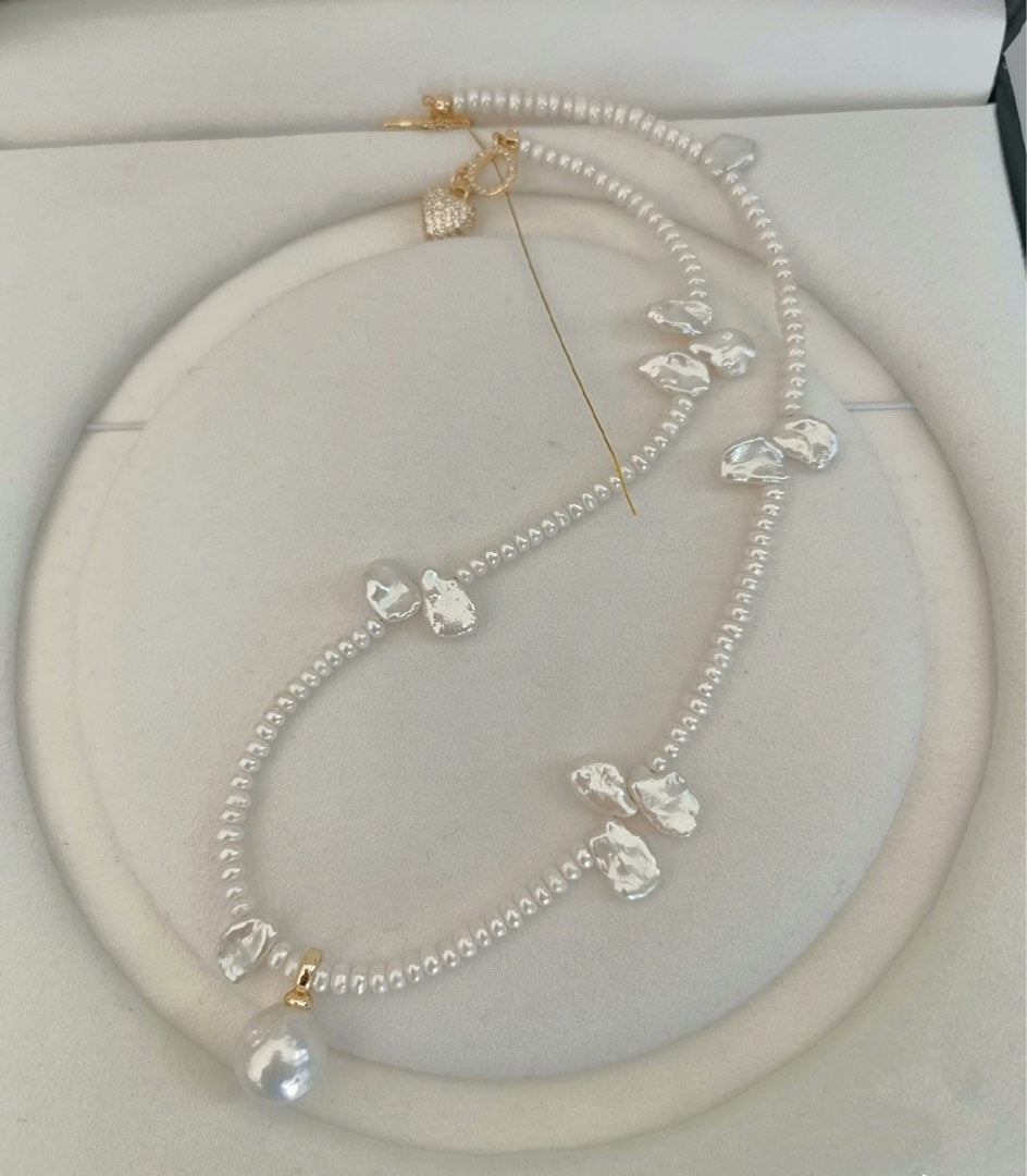 #PN400 [Sale]Freshwater Pearl Necklace |Flower Petals Shaped|Baby Pearls |Big Baroque Pearl Pendant Removable |Heart Zircon