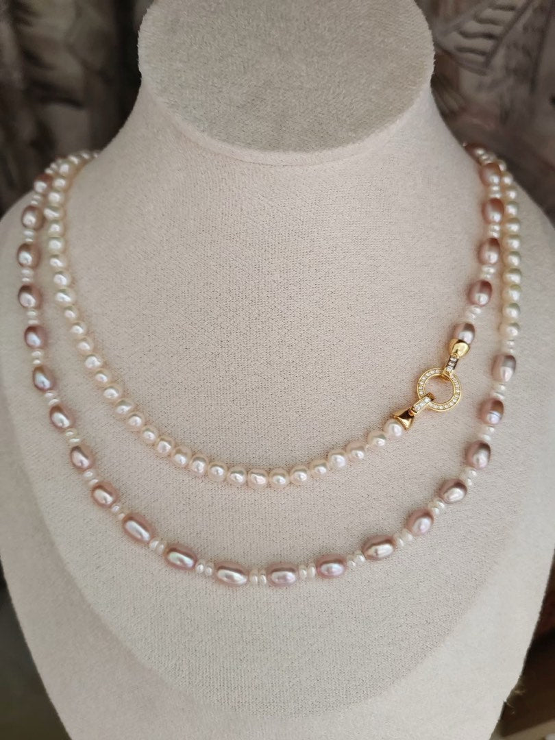 #PN291 Sea Breeze | Freshwater Pearl Necklace | Long Sweater Necklace | Lustrous Purple Rice Pearl | White Baroque Pearl | Zircon Clasp