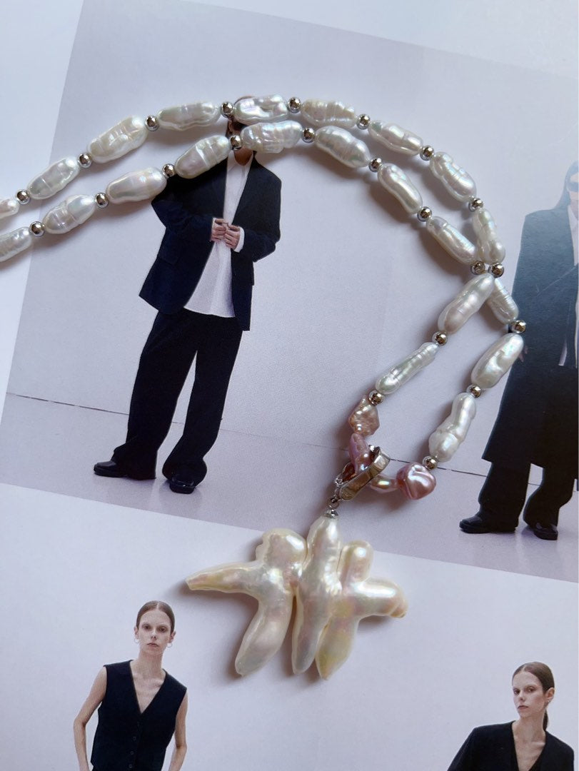 #PN385 [Sale]Handmade Original Design Freshwater Pearl Necklace |”Stick” Baroque Pearl |Natural Joining Cross Pearl Pendant Removable