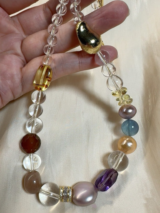 #PN434 Snow Princess|Freshwater Pearl Necklace |Amber|Red Agate|Orange Moonstone|Coin Pearl|Purple Quartz |Aquamarine