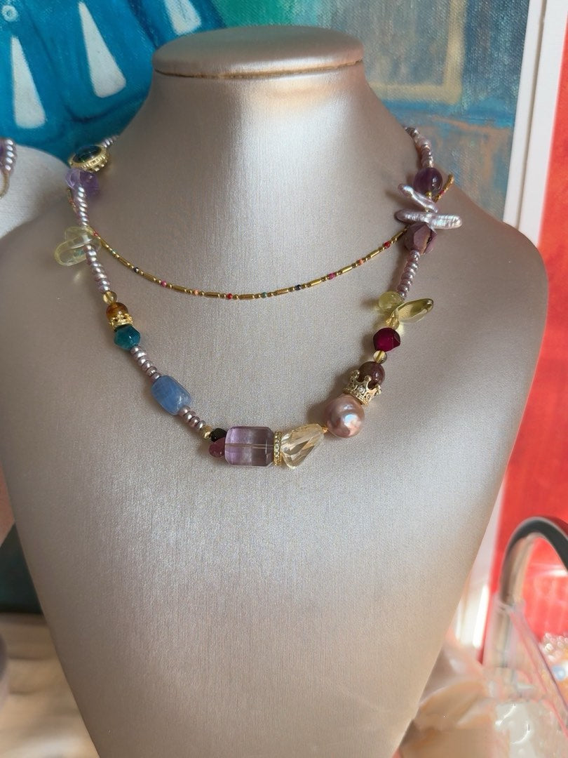 #PN422 Purple Heart |Freshwater Pearl Necklace |Purple Quartz |Yellow Quartz |Lustrous Baby Pearl|Natural Stones