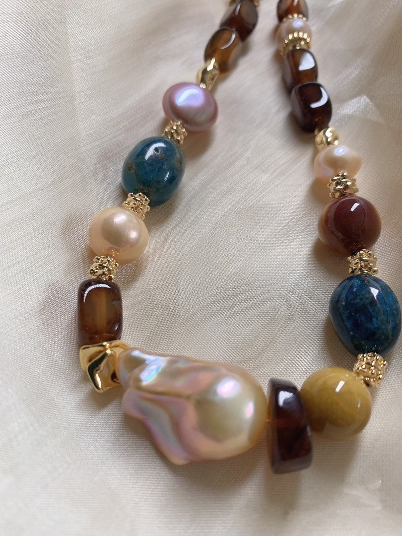 #PN390 [Sale]Handmade Original Design |Freshwater Pearl Necklace |Brown Agate|Natural Stones|Big Baroque Pearl |Button Pearl