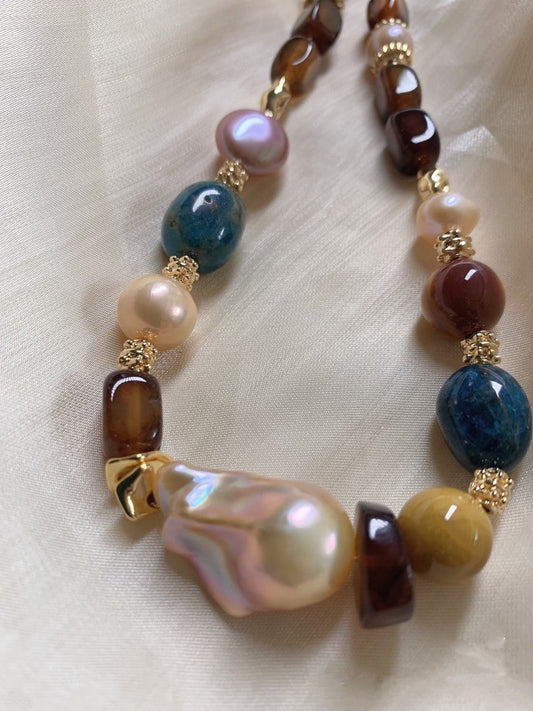 #PN390 [Sale]Handmade Original Design |Freshwater Pearl Necklace |Brown Agate|Natural Stones|Big Baroque Pearl |Button Pearl